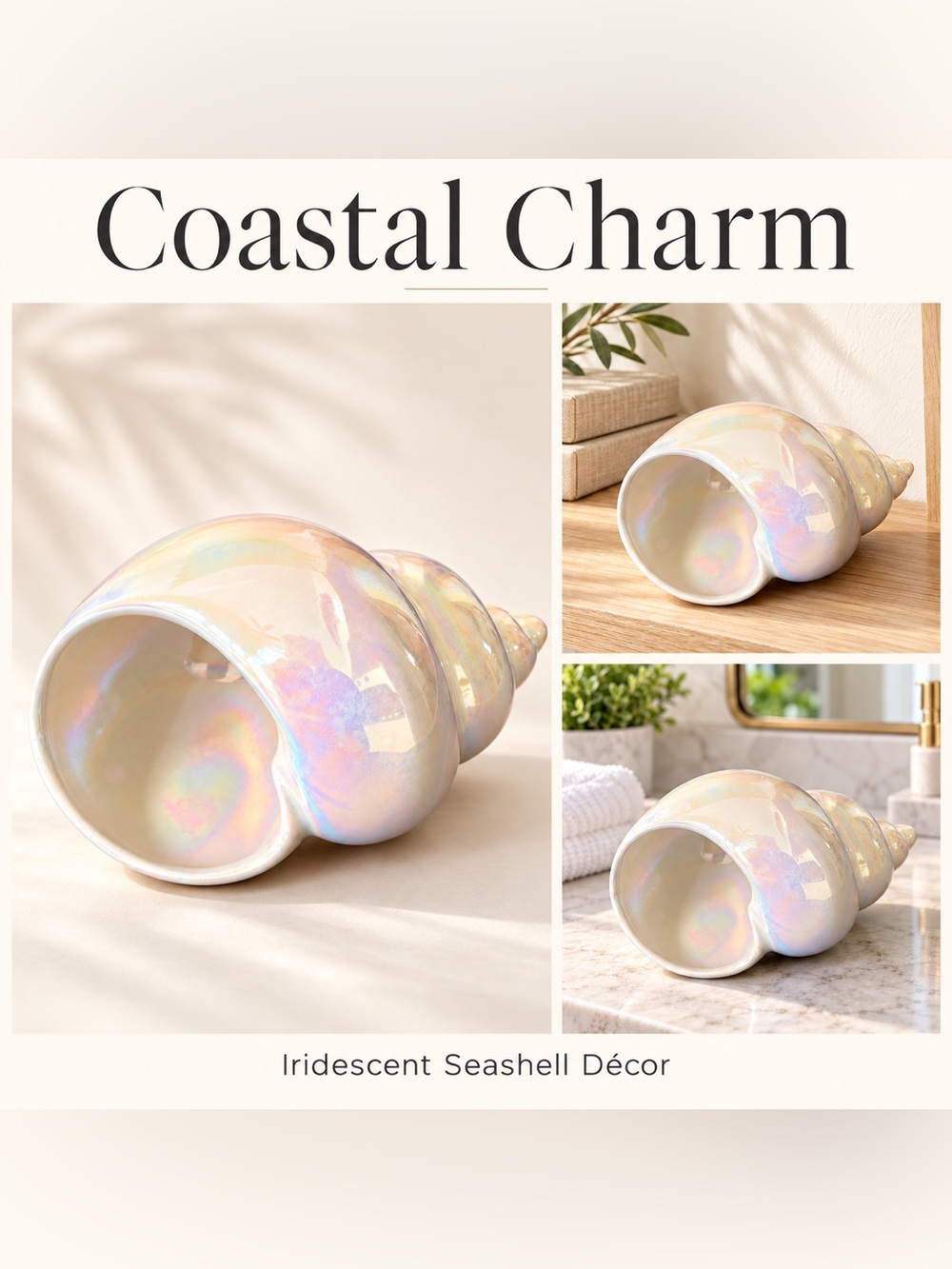 🐚 White Iridescent Porcelain Seashell Sculpture Coastal Beach Nautical Home Deco